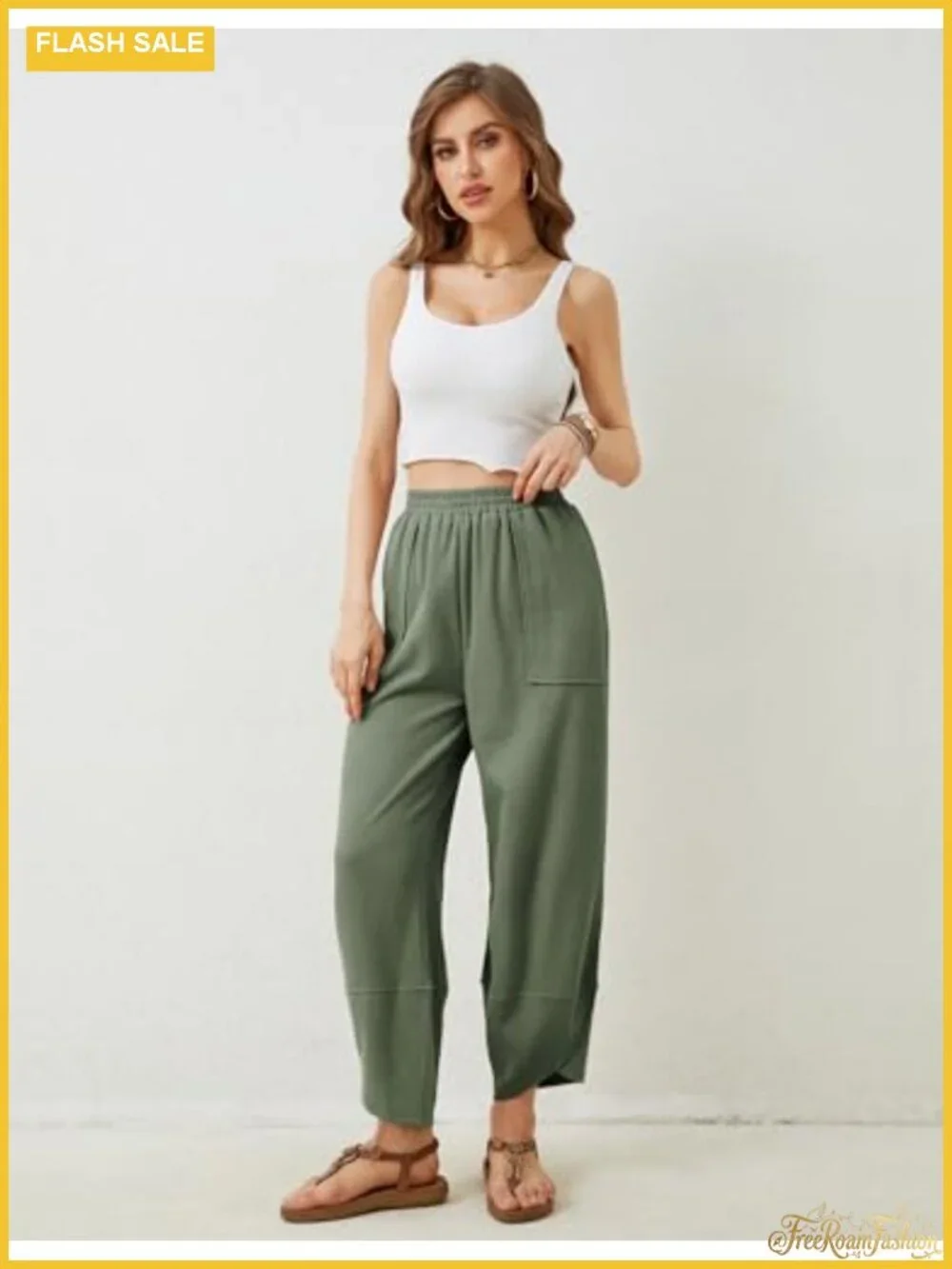 Womens Cotton Blend Wide Leg Pants Casual Loose Elastic Waist Palazzo Harem